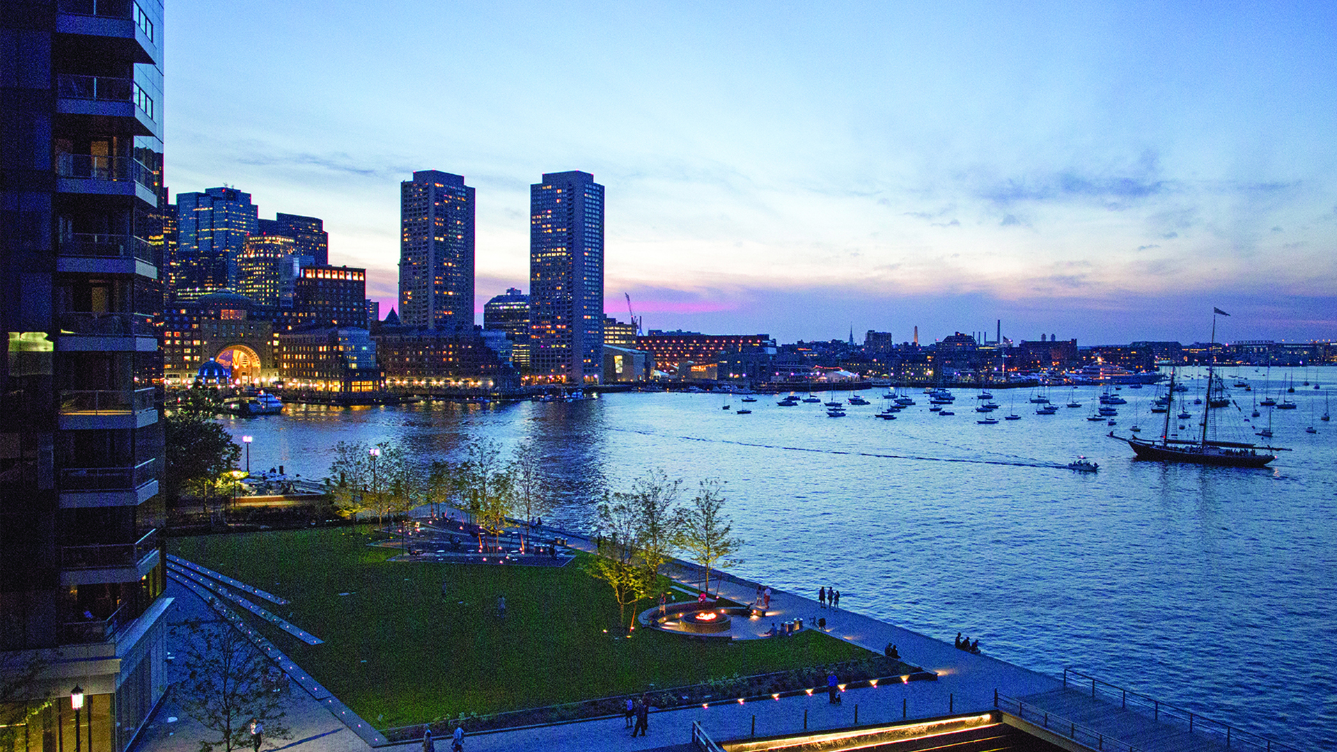 boston waterfront at night at fan pier