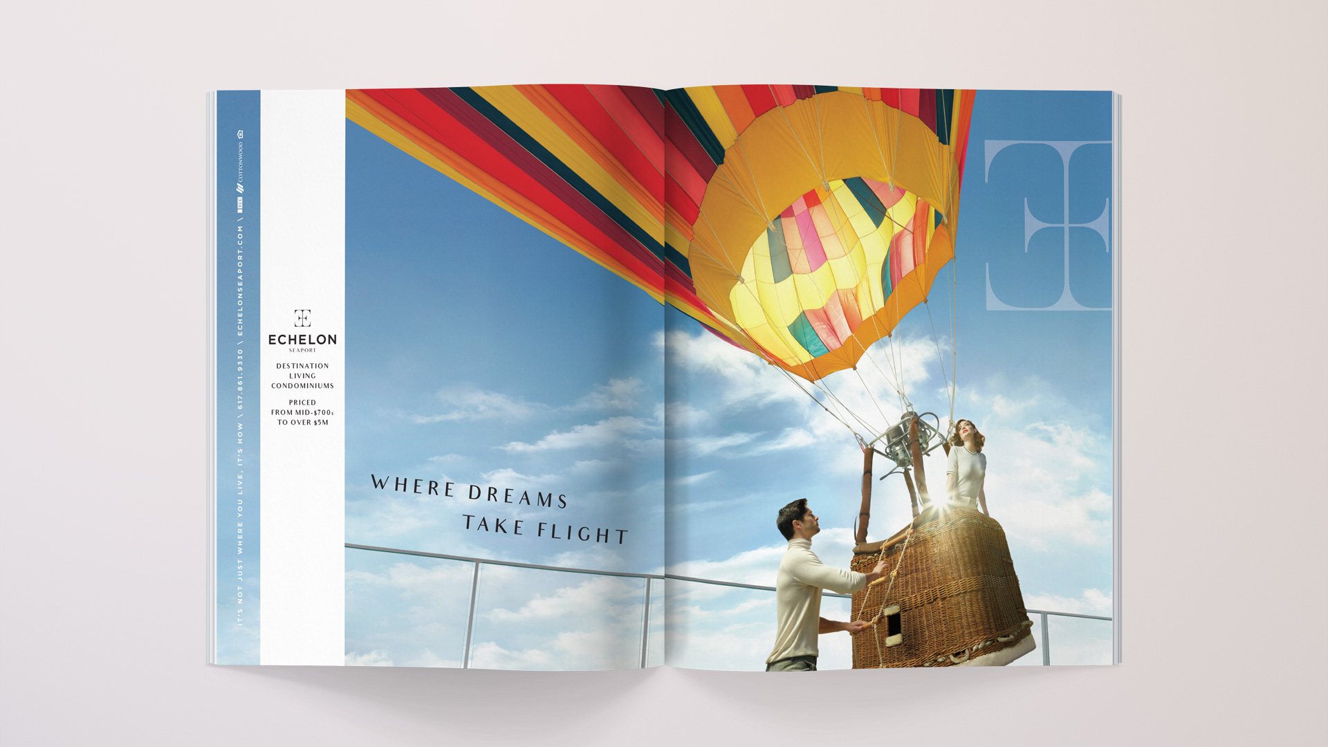 echelonseaport print ad campaign with couple in hot air balloon