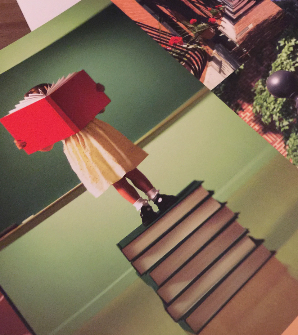 Penmark brochure spread with girl on books