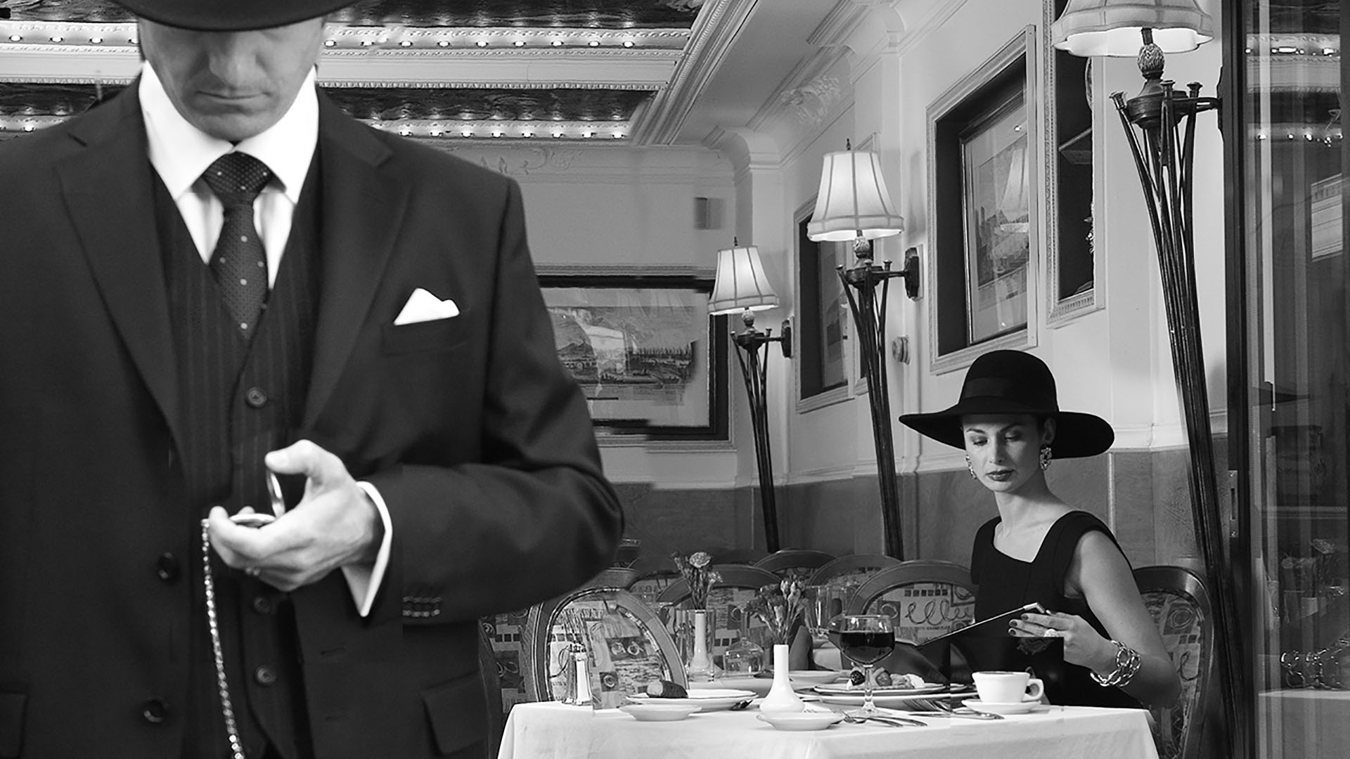 battery wharf man with pocket watch and woman in restaurant