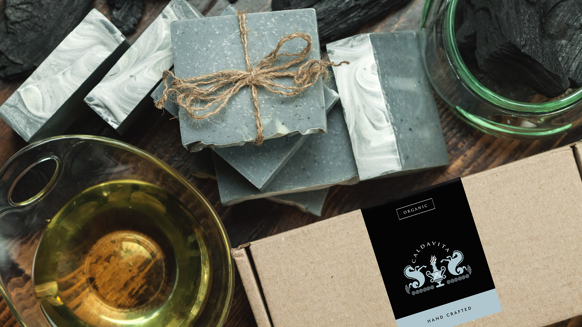 calda vita packaging with black label on brown box-boston graphic design agency