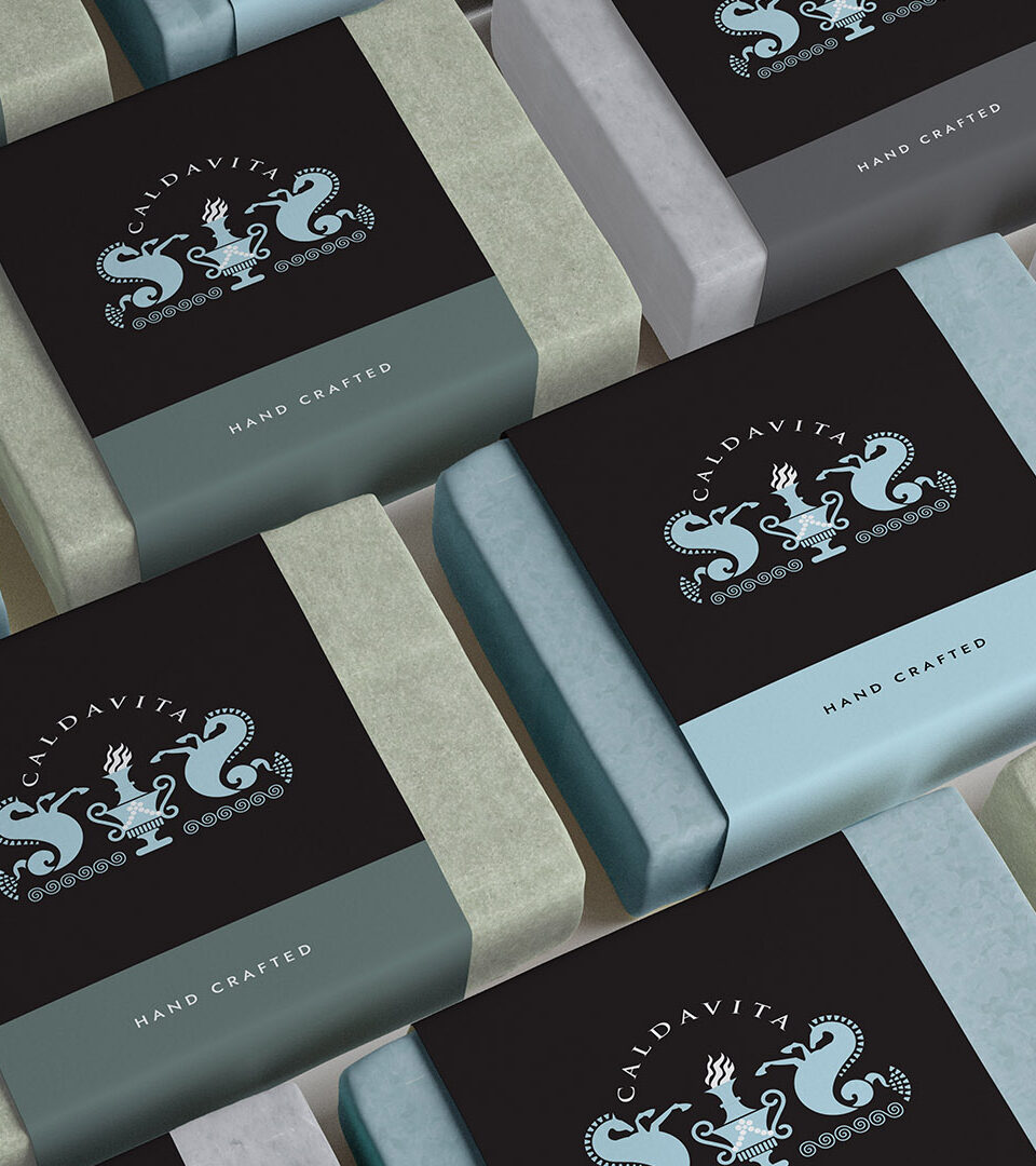 calda vita soaps lined up with wrappers by Boston graphic design studio