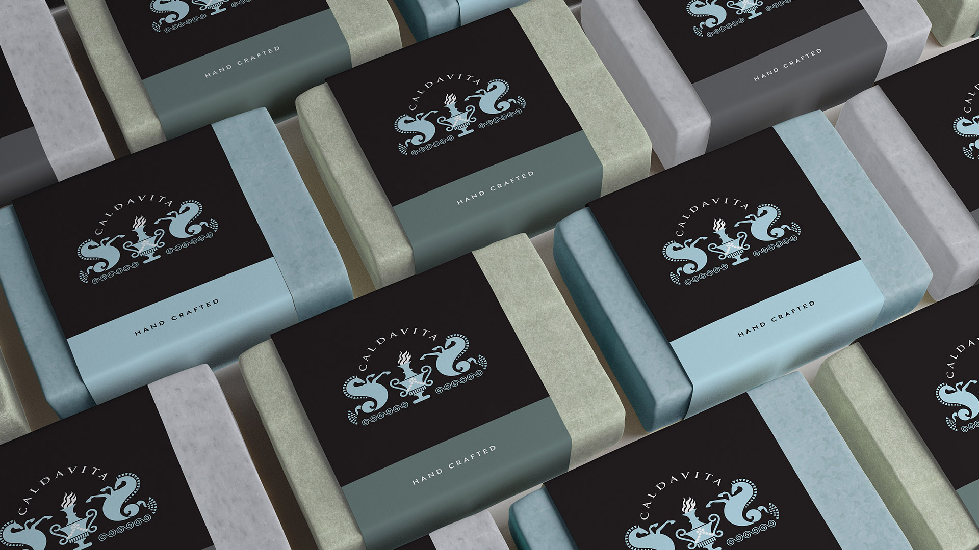 calda vita soaps lined up with wrappers by Boston graphic design studio