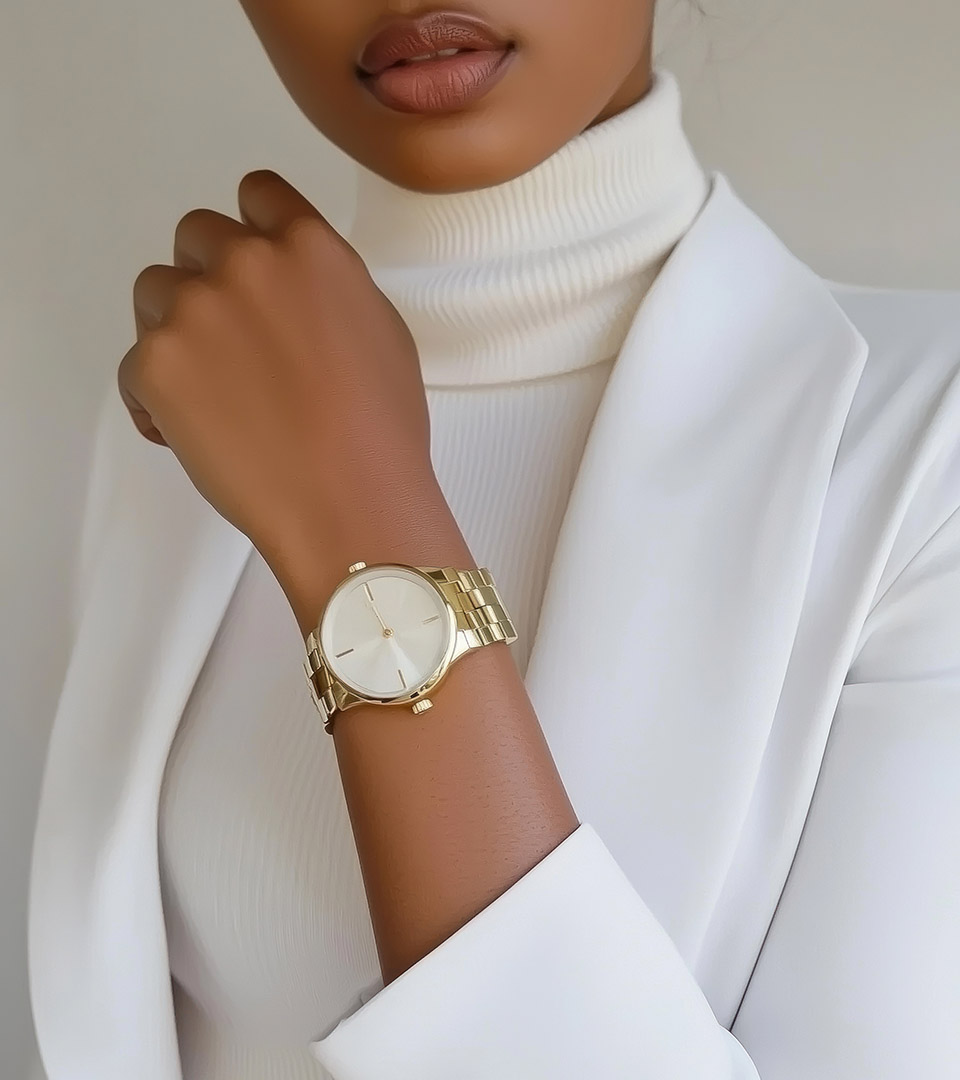 newbury street woman holding arm up with gold watch wearing white