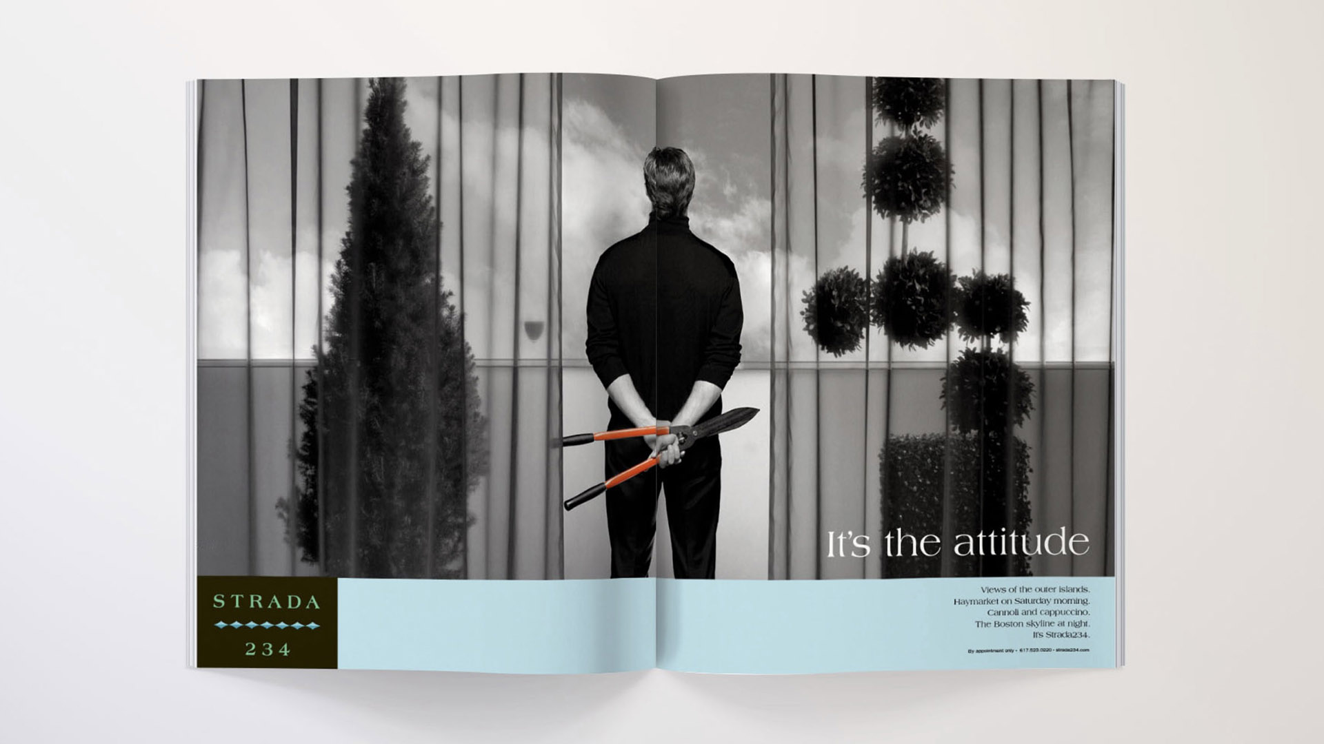 strada234 advertising with man with orange sheers and topiaries on magazine spread by best boston graphic design studio