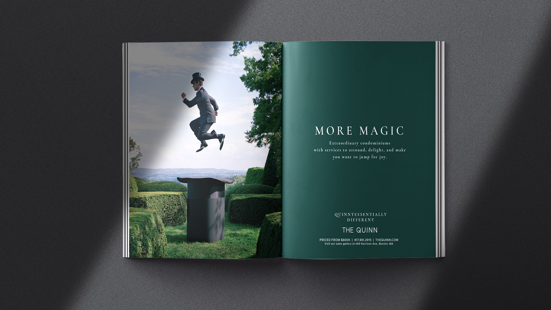 the quinn double page ad man jumping over hat