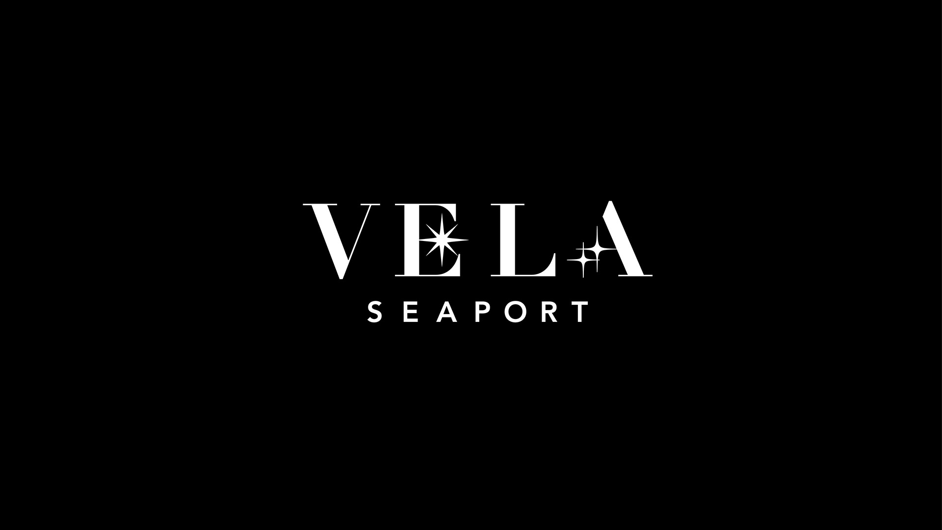 vela seaport white logo on black