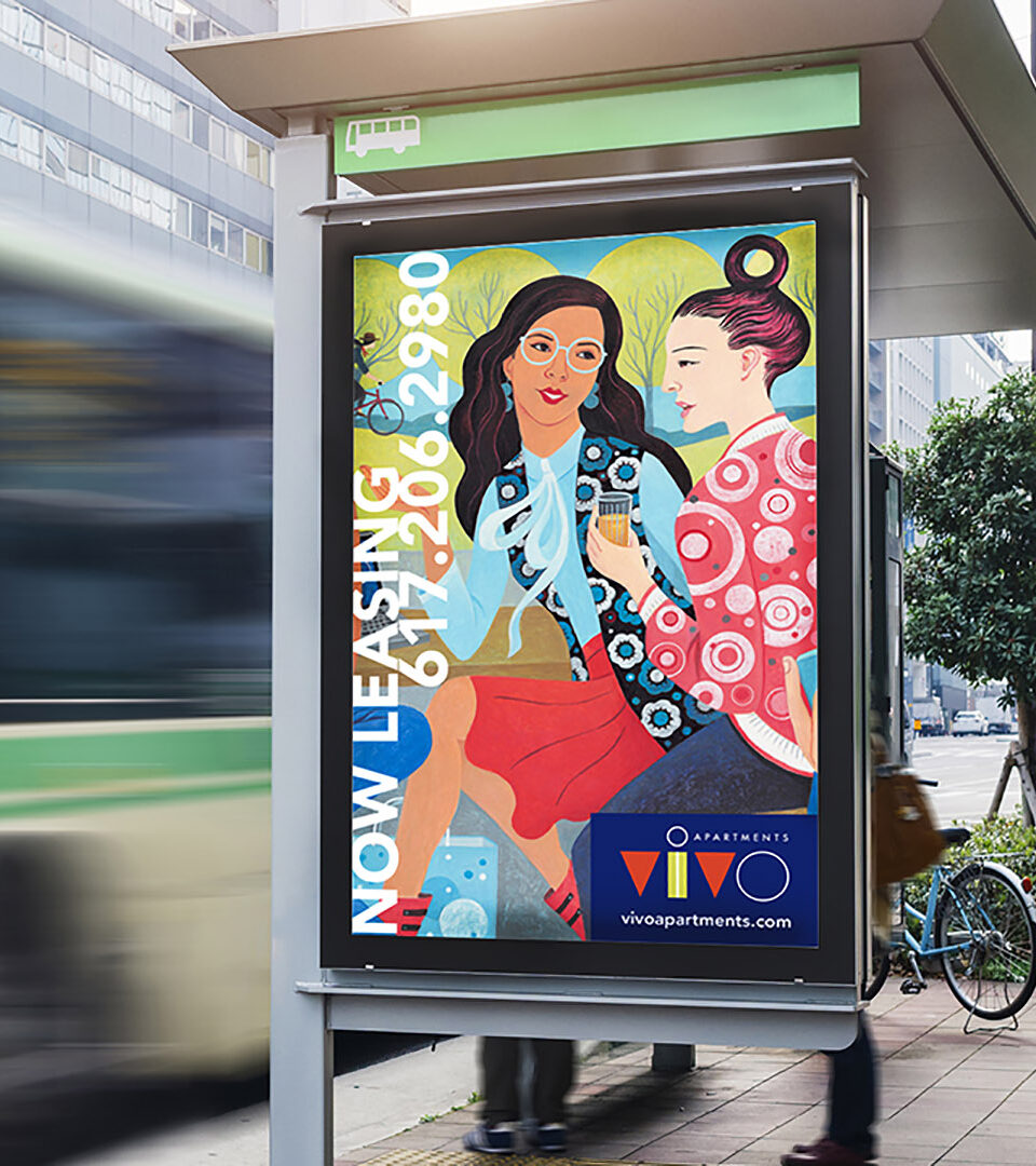 vivo apartments illustration at bus stop